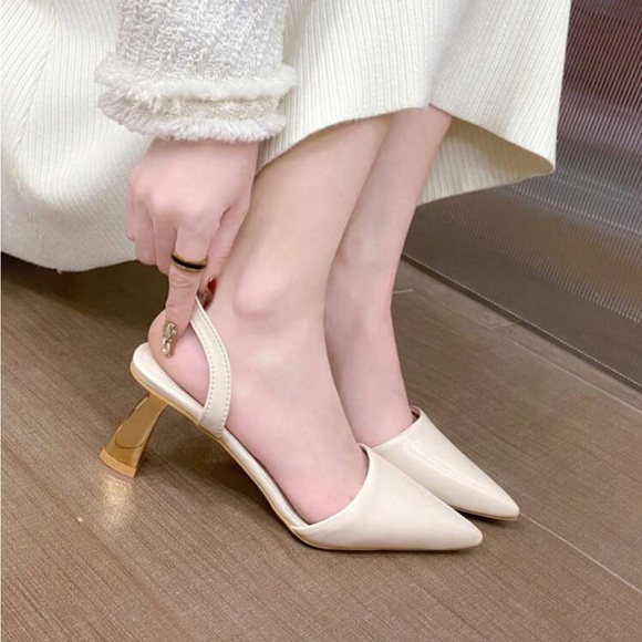 Ivory gold heel High Heeled Sandals, Pointed Toe slingback pumps - Picture 4 of 6